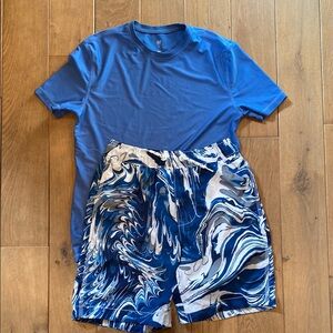 Gap Kids Blue Graphic Swim Shorts and rash guard swim shirt - Size XL